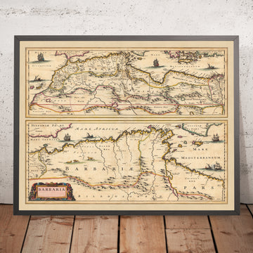 Old Map of Barbary by Visscher, 1690: Barbarians, Algiers, Tunis, Cairo, Canary Islands, Sahara Desert
