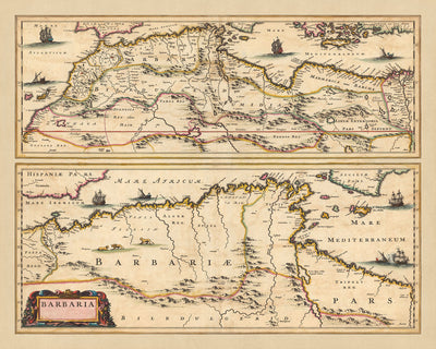 Ancienne carte de Barbarie par Visscher, 1690 : Alger, Tunis, Le Caire, îles Canaries, désert du Sahara