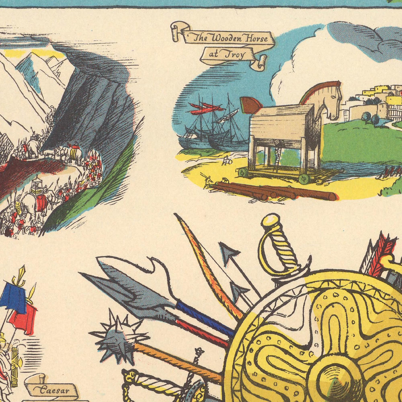 Old World Map by Voute, 1940: Historic Battles, Trojans, Trojan War, Indian Wars, Napoleon, Armada, Alexander the Great, Romans