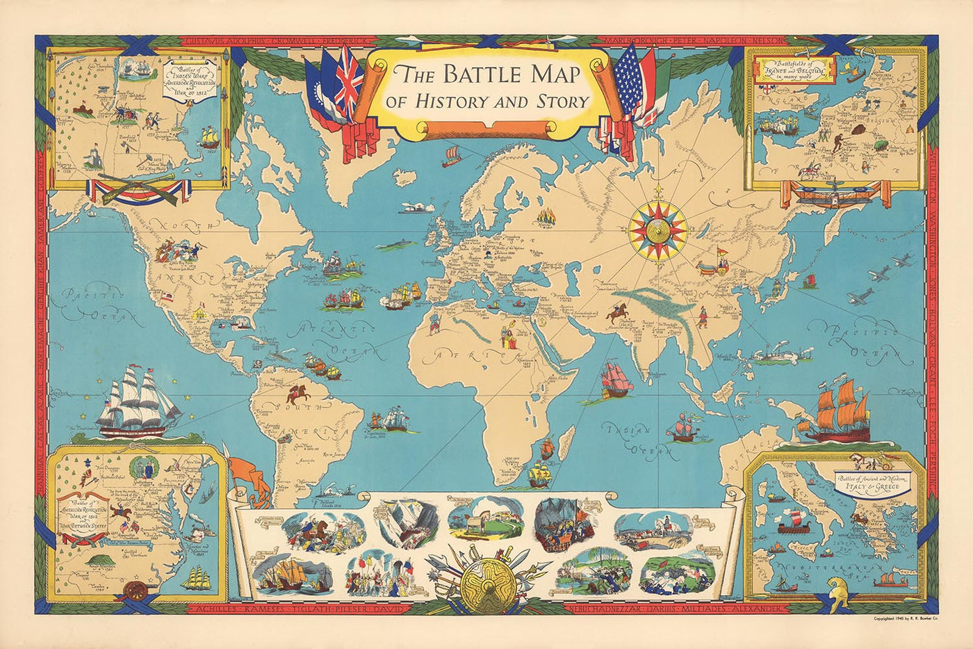 Old World Map by Voute, 1940: Historic Battles, Trojans, Trojan War, Indian Wars, Napoleon, Armada, Alexander the Great, Romans