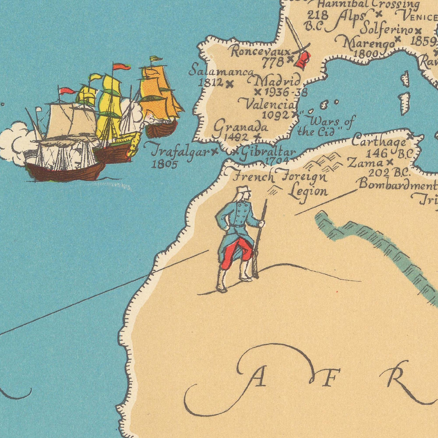 Geschichts- und Storykarte der Alten Welt von Kathleen Voute aus dem Jahr 1940 – Trojaner, Napoleon, die spanische Armada, Alexander der Große, das Römische Reich