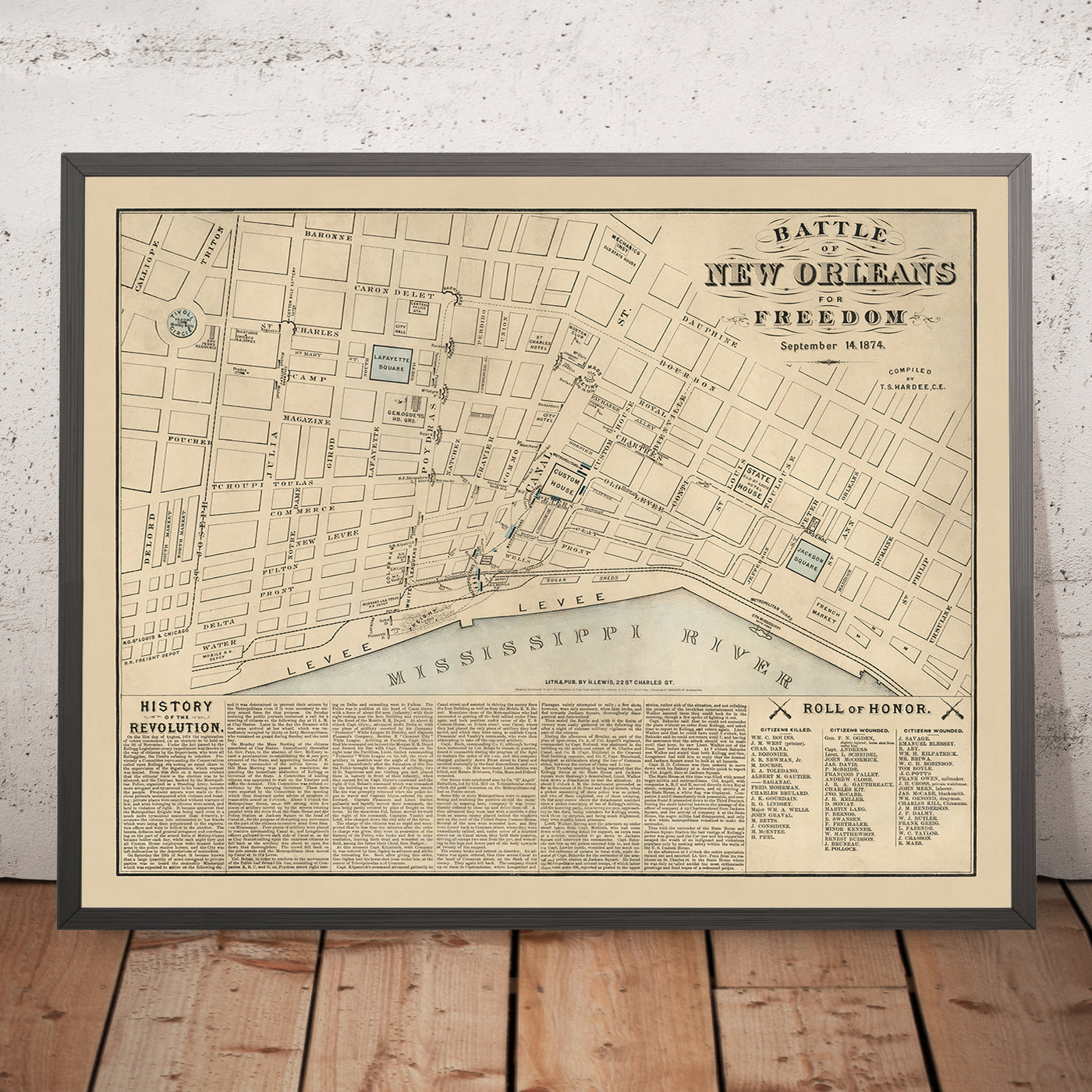 Old Battle of New Orleans, 1874 Map: Jackson Square, Custom House, State House, Lafayette Square, Mississippi River