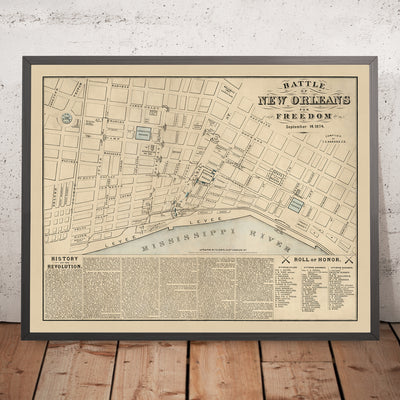 Mapa militar antiguo de Nueva Orleans, realizado por Hardee en 1874: Jackson Square, Custom House, State House, Lafayette Square y el río Mississippi