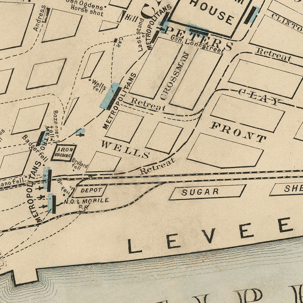 Ancienne carte militaire de la Nouvelle-Orléans par Hardee, 1874 : Jackson Square, Custom House, State House, Lafayette Square, fleuve Mississippi