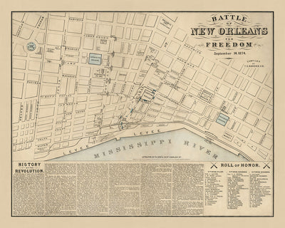 Ancienne carte militaire de la Nouvelle-Orléans par Hardee, 1874 : Jackson Square, Custom House, State House, Lafayette Square, fleuve Mississippi