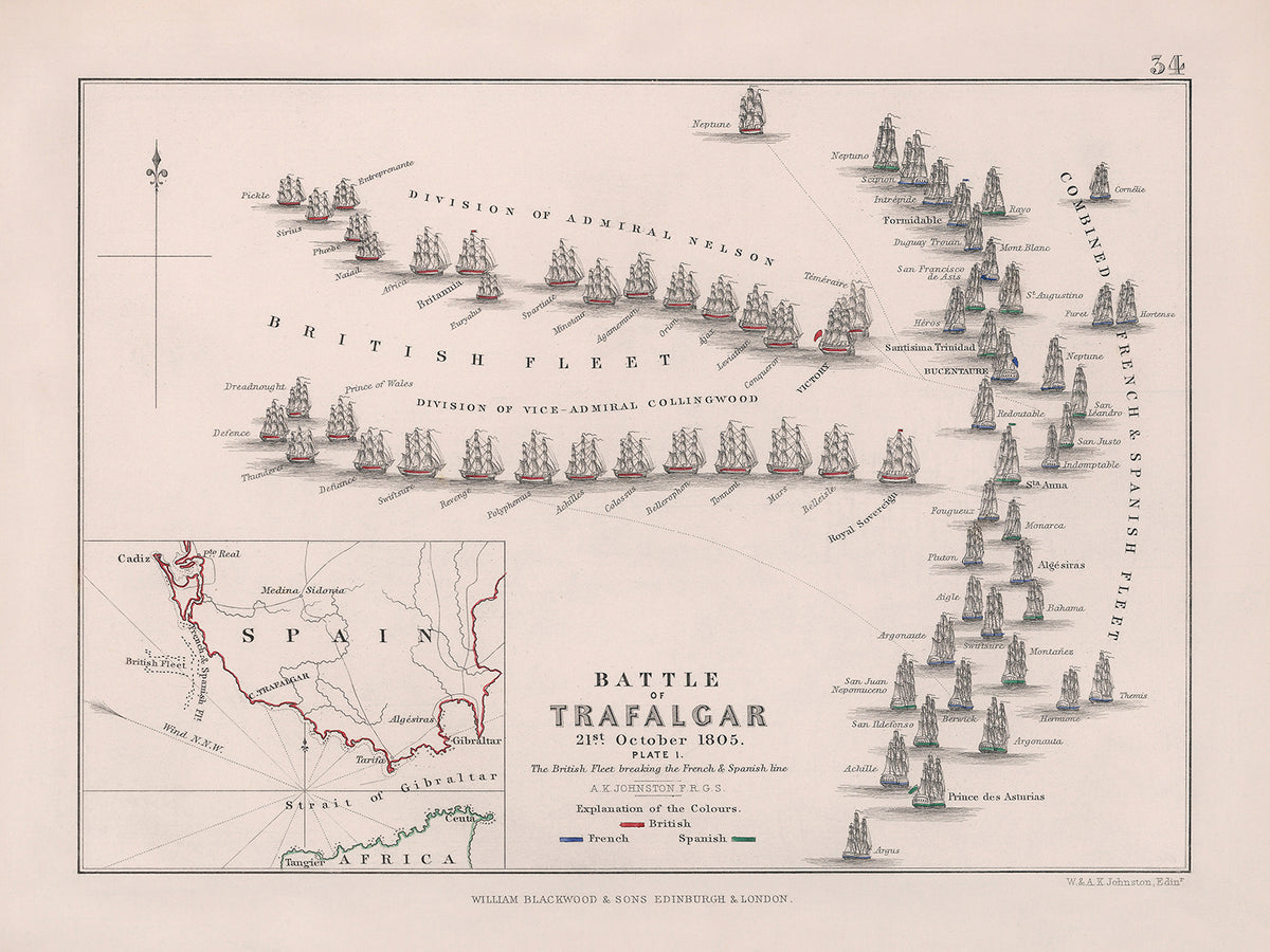 Schlacht von Trafalgar: Die britische Flotte durchbricht die französische und spanische Linie von AK Johnston, 1852 