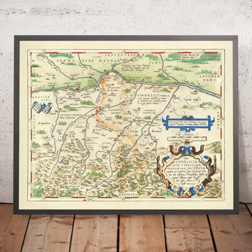 Vecchia mappa della Baviera di Ortelius, 1570: Monaco, Augusta, fiume Danubio 