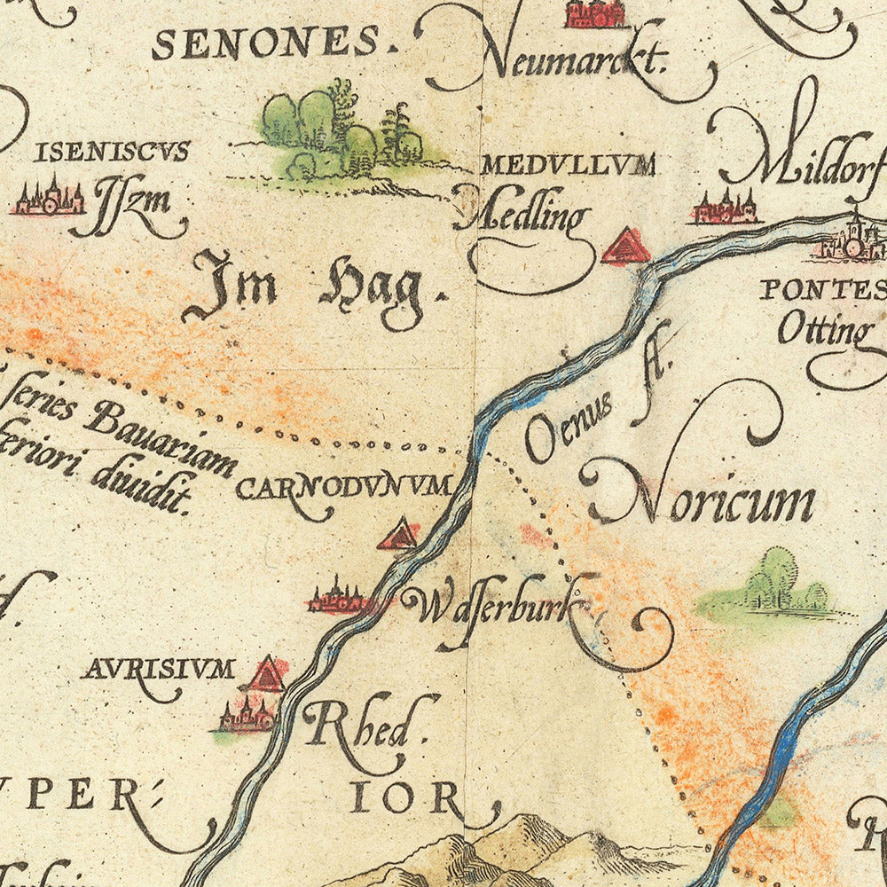 Alte Karte von Bayern von Ortelius, 1570: München, Augsburg, Donau, Berge, Kartuschen