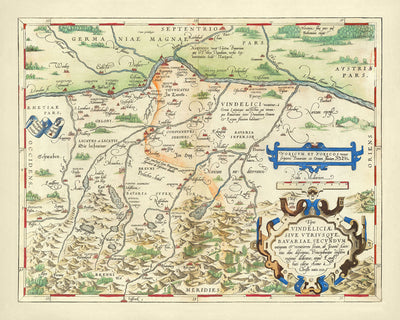 Old Map of Bavaria by Ortelius, 1570: Munich, Augsburg, Danube River