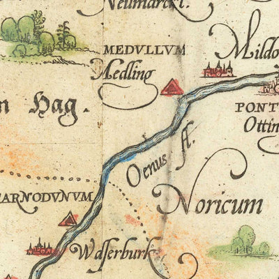 Old Map of Bavaria by Ortelius, 1570: Munich, Augsburg, Danube River