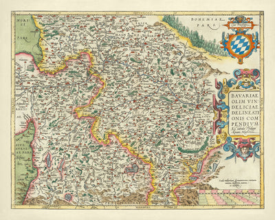 Carte ancienne de la Bavière par Ortelius, 1579 : Munich, Nuremberg, Danube, Alpes allemandes, cartouche décoratif