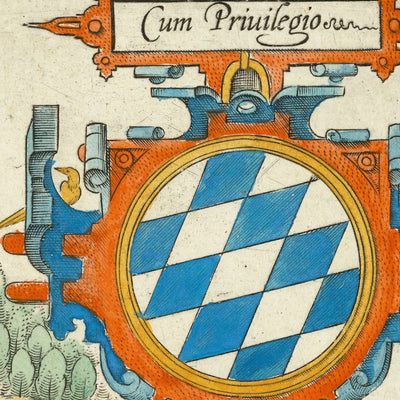 Alte Karte von Bayern von Ortelius, 1579: München, Nürnberg, Donau, Deutsche Alpen, dekorative Kartusche