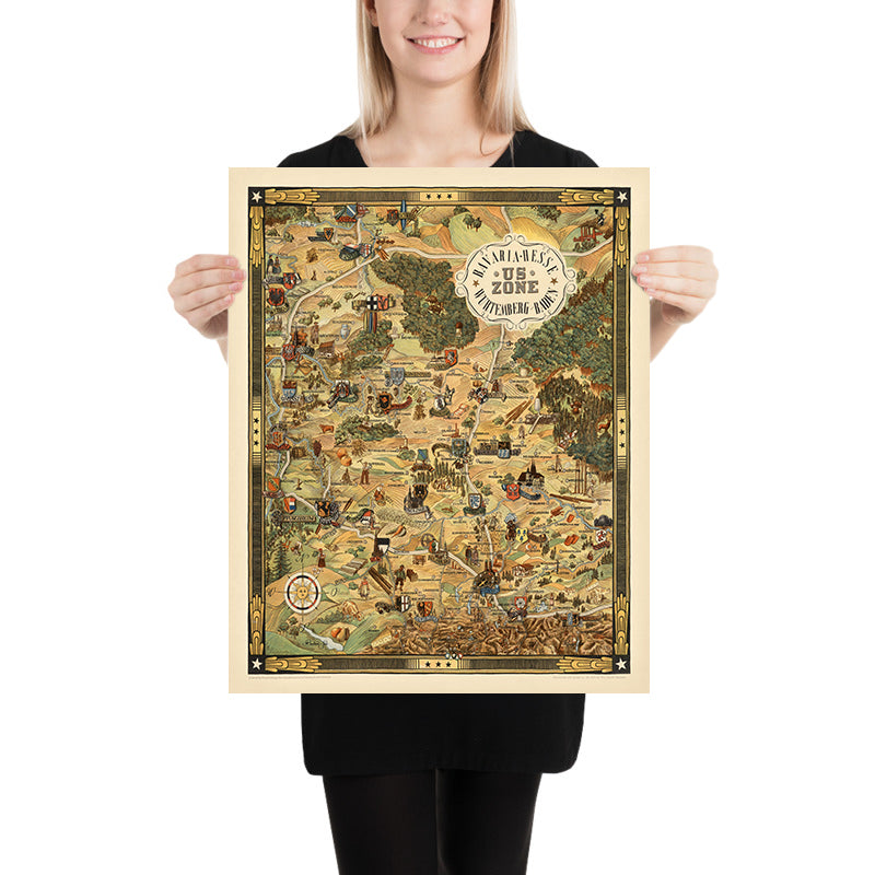 Mapa de la ocupación americana de Alemania por Desch, 1948: WW2, Múnich, Nuremberg, Stuttgart, Frankfurt, Heidelberg 