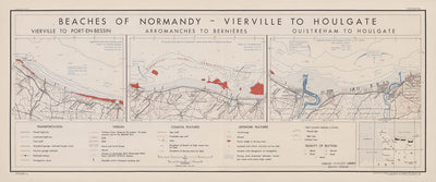 Alte Militärkarte der Normandie-Strände, 1943: D-Day-Planung, Vierville bis Houlgate, Arromanches 