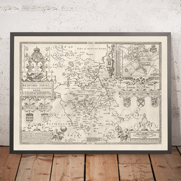 Alte Karte von Bedfordshire 1611, John Speed - Bedford, Luton, Dunstable, St Neots, Kempston, Leighton Buzzard 