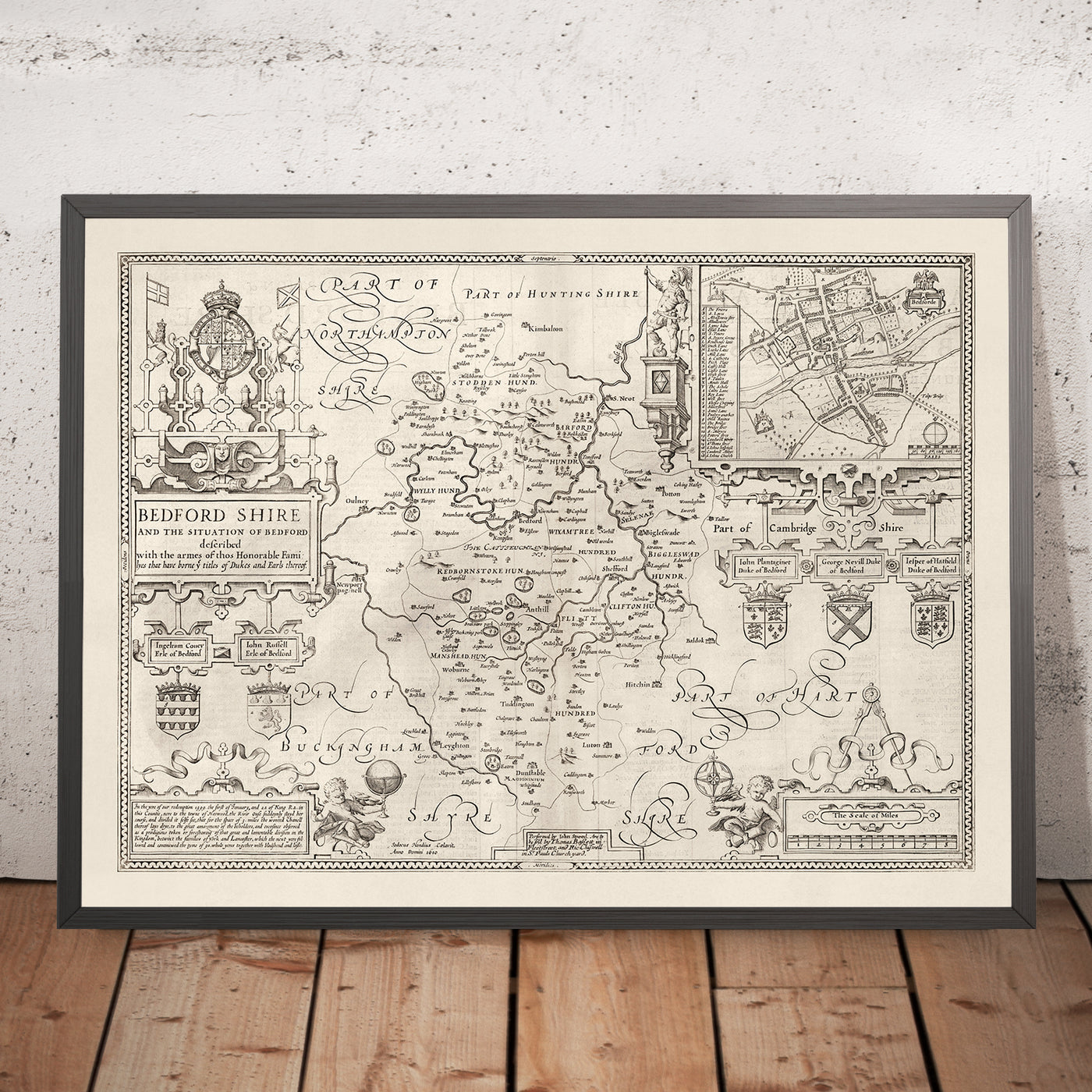 Ancienne carte du Bedfordshire 1611, John Speed - Bedford, Luton, Dunstable, St Neots, Kempston, Leighton Buzzard