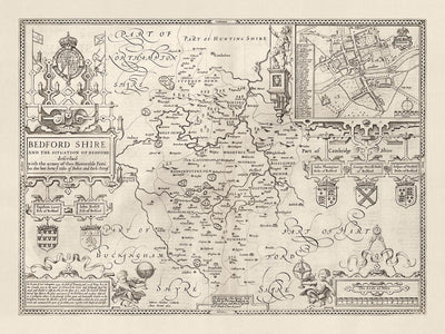 Ancienne carte du Bedfordshire 1611, John Speed - Bedford, Luton, Dunstable, St Neots, Kempston, Leighton Buzzard