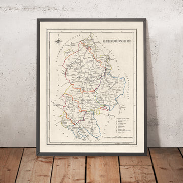 Alte Karte von Bedfordshire von Samuel Lewis, 1844: Luton, Dunstable, Leighton Buzzard, Biggleswade, Ampthill 