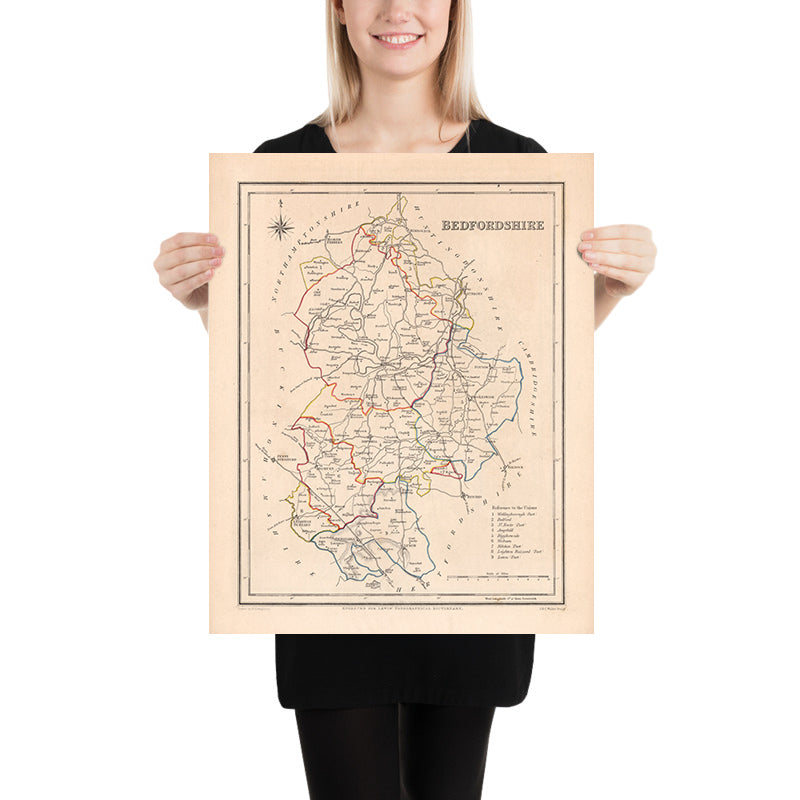 Mapa antiguo de Bedfordshire por Samuel Lewis, 1844: Luton, Dunstable, Leighton Buzzard, Biggleswade, Ampthill