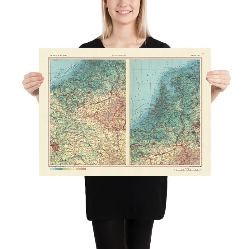 Mapa antiguo de Bélgica, Luxemburgo y Países Bajos realizado por el Servicio de Topografía del Ejército Polaco, 1967: límites políticos, paisaje físico, ciudades principales, ríos y cadenas montañosas