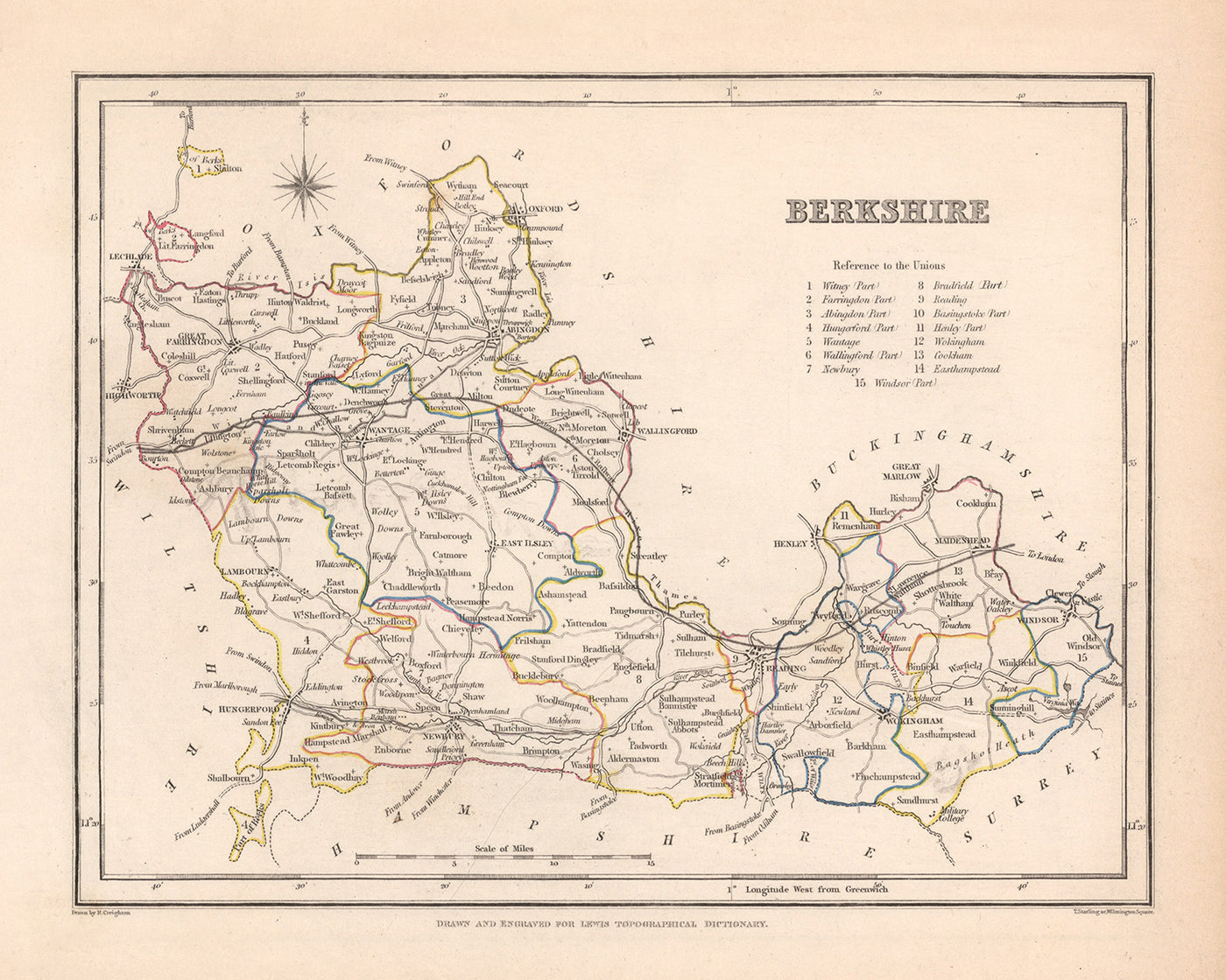 Ancienne carte du Berkshire par Samuel Lewis, 1844 : Reading, Windsor, Newbury, Abingdon et Henley-on-Thames