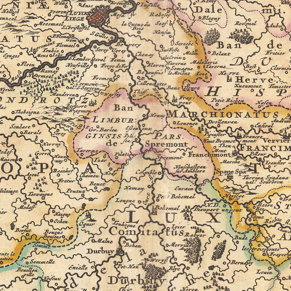 Old Map of Bishopric of Liège, Belgium by Visscher, 1690: Brussels, Antwerp, Cologne, Bonn, Düsseldorf