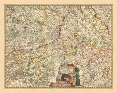 Old Map of Bishopric of Liège, Belgium by Visscher, 1690: Brussels, Antwerp, Cologne, Bonn, Düsseldorf