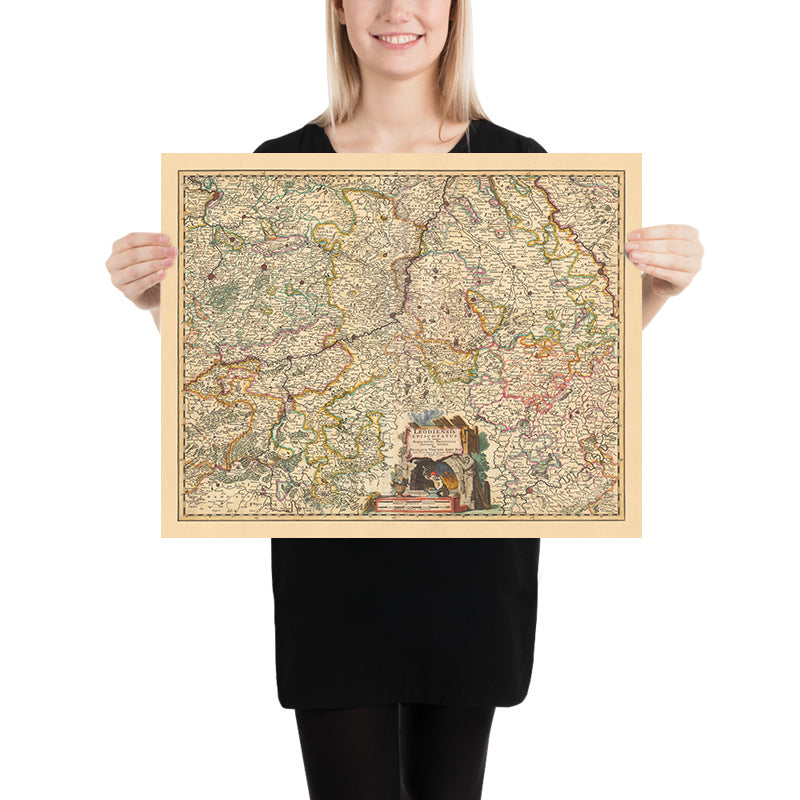 Mappa antica del Vescovato di Liegi, Belgio di Visscher, 1690: Bruxelles, Anversa, Colonia, Bonn, Düsseldorf 