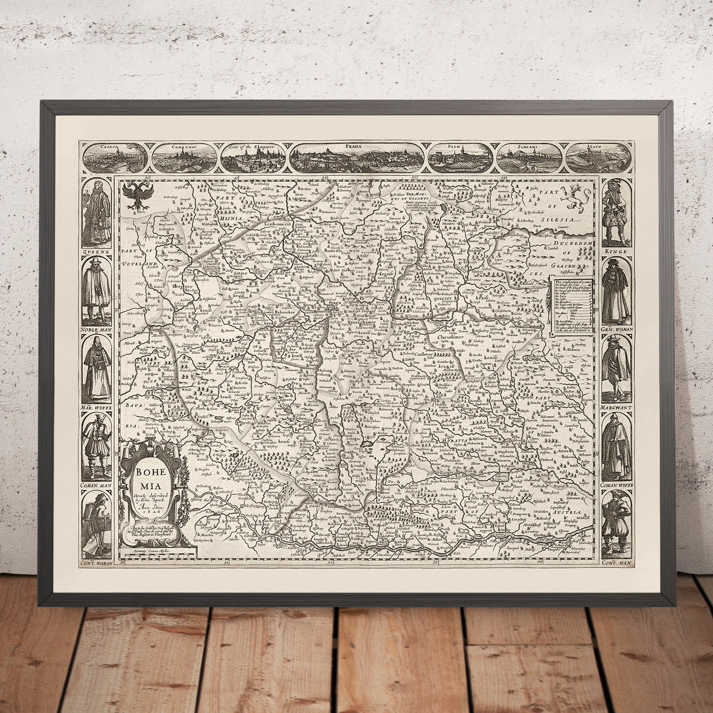 Alte monochrome Karte von Böhmen von Speed, 1626: Tschechien, Prag, Flüsse, Illustrationen 