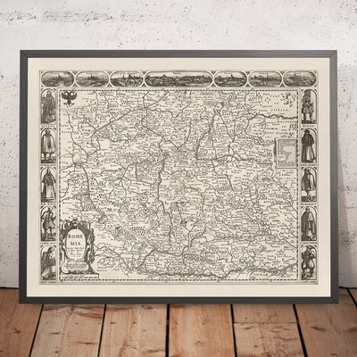 Alte monochrome Karte von Böhmen von Speed, 1626: Tschechien, Prag, Flüsse, Illustrationen 