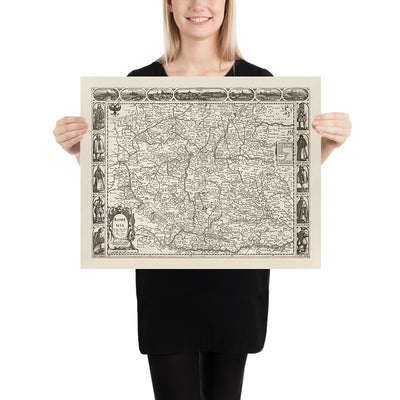 Alte monochrome Karte von Böhmen von Speed, 1626: Tschechien, Prag, Flüsse, Illustrationen 