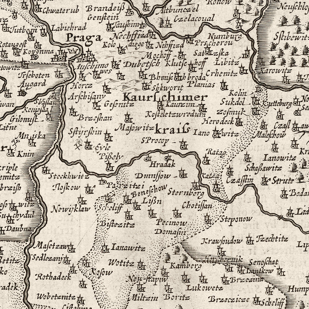 Alte monochrome Karte von Böhmen von Speed, 1626: Tschechien, Prag, Flüsse, Illustrationen 