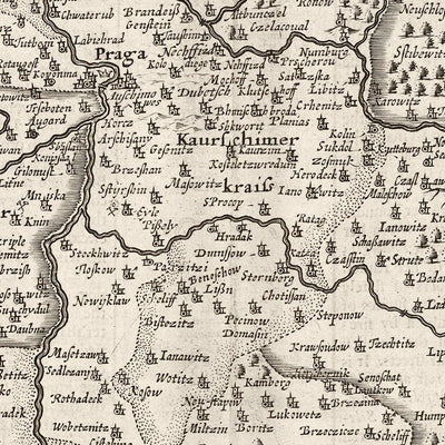 Alte monochrome Karte von Böhmen von Speed, 1626: Tschechien, Prag, Flüsse, Illustrationen 