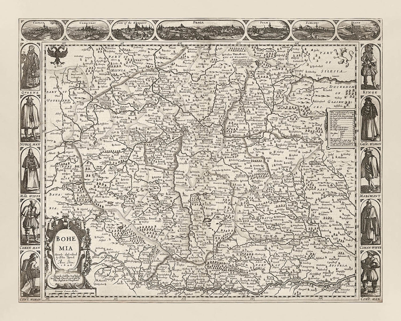 Alte monochrome Karte von Böhmen von Speed, 1626: Tschechien, Prag, Flüsse, Illustrationen 