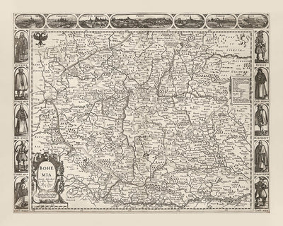 Alte monochrome Karte von Böhmen von Speed, 1626: Tschechien, Prag, Flüsse, Illustrationen 