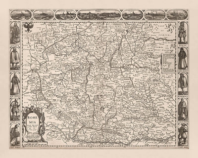 Old Monochrome Map of Bohemia by Speed, 1626: Czechia, Prague, Rivers, Illustrations