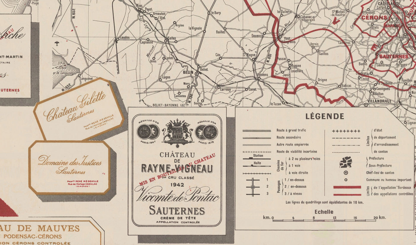 Alte Weinkarte von Bordeaux im Jahr 1948 – Garonne, Pessac, Blanquefort, Carbon-Blanc, Libourne