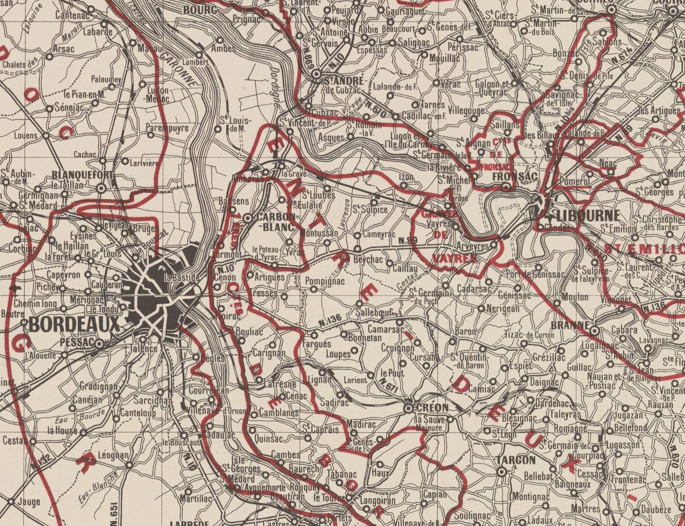 Carte Ancienne Carte des Vins de Bordeaux en 1948 - Garonne, Pessac, Blanquefort, Carbon-Blanc, Libourne
