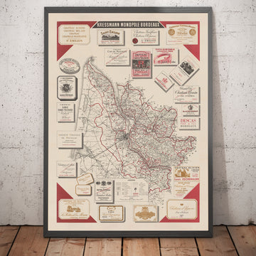 Carte Ancienne Carte des Vins de Bordeaux en 1948 - Garonne, Pessac, Blanquefort, Carbon-Blanc, Libourne