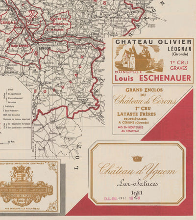 Alte Weinkarte von Bordeaux im Jahr 1948 – Garonne, Pessac, Blanquefort, Carbon-Blanc, Libourne
