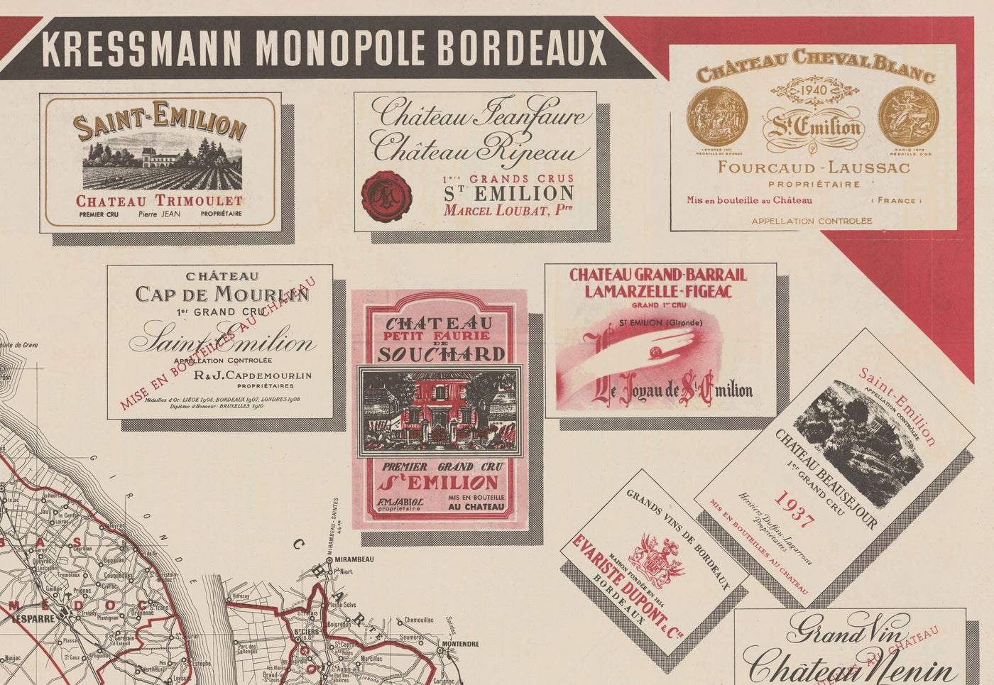 Mapa antiguo Mapa del vino de Burdeos en 1948 - Garona, Pessac, Blanquefort, Carbon-Blanc, Libourne