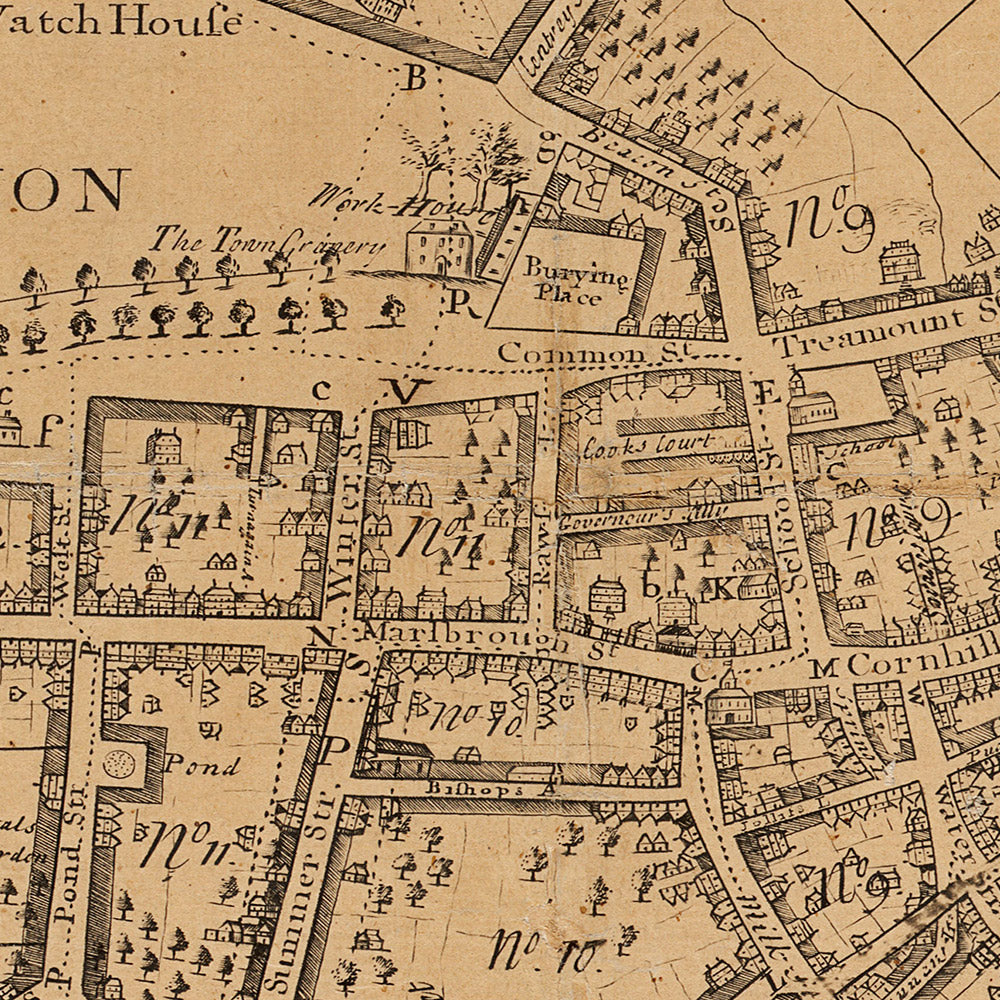 Mapa antiguo de Boston, 1769: Boston Neck, Long Wharf, Faneuil Hall, Old State House, Boston Common