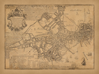 Ancienne carte de Boston, 1769 : Boston Neck, Long Wharf, Faneuil Hall, Old State House, Boston Common