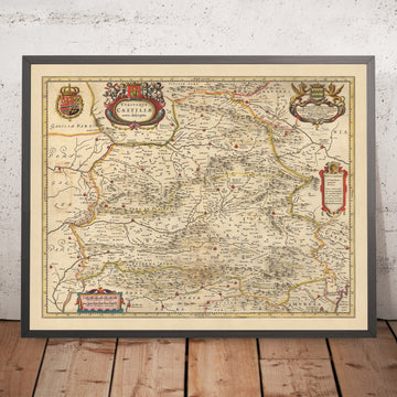 Mapa antiguo de Castilla la Vieja y Nueva, España por Visscher, 1690: Madrid, Valencia, Sevilla, Zaragoza, Murcia
