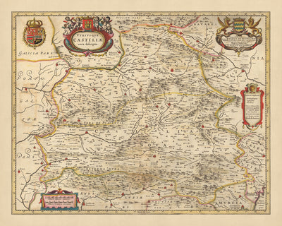 Ancienne carte de l'ancienne et de la nouvelle Castille, Espagne par Visscher, 1690 : Madrid, Valence, Séville, Saragosse, Murcie