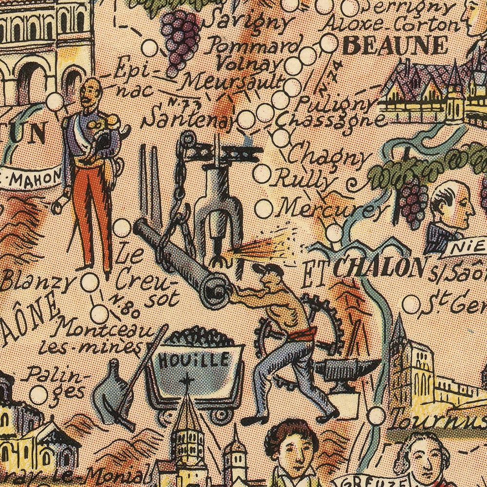 Old Pictorial Map of Burgundy (Bourgogne) by Liozu, 1951: Dijon, Beaune, Vineyards, Wine