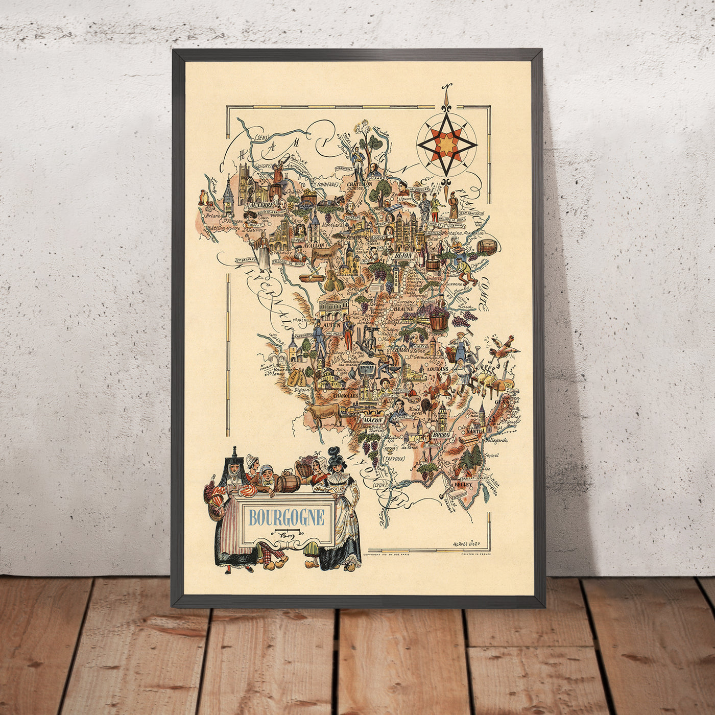 Old Pictorial Map of Burgundy (Bourgogne) by Liozu, 1951: Dijon, Beaune, Vineyards, Wine