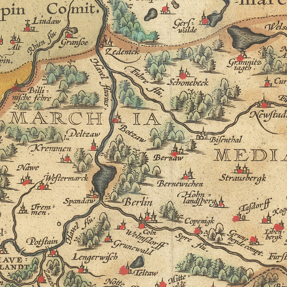 Mapa antiguo de Brandeburgo de Ortelius, 1598: Berlín, río Albis, río Oder, Marchia Media, diseño ornamentado