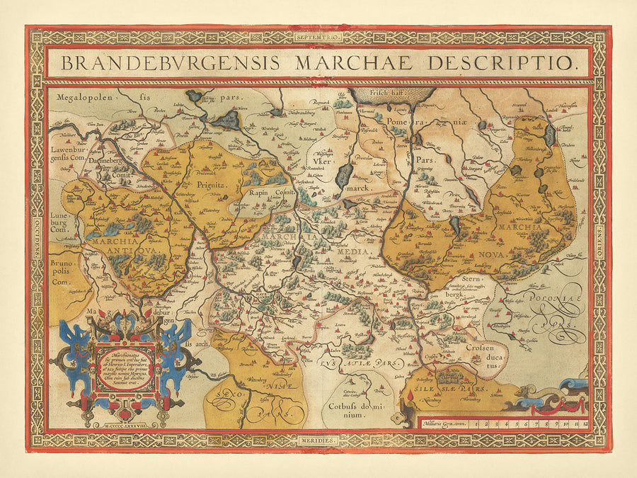 Antica mappa di Brandeburgo di Ortelius, 1598: Berlino, fiume Albis, fiume Oder, Marchia Media, design ornato 