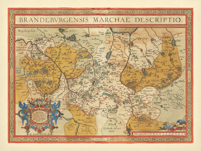 Mapa antiguo de Brandeburgo de Ortelius, 1598: Berlín, río Albis, río Oder, Marchia Media, diseño ornamentado